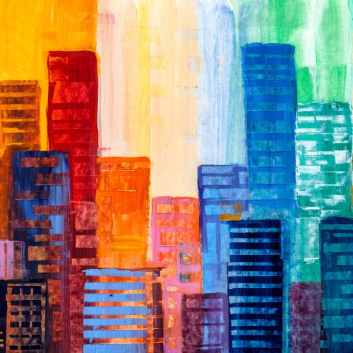 Artistic painting of skyscrapers. Abstract style. Cityscape.